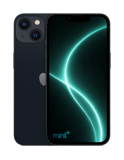 Photo of a black iPhone 13 mini with mint+ wallpaper