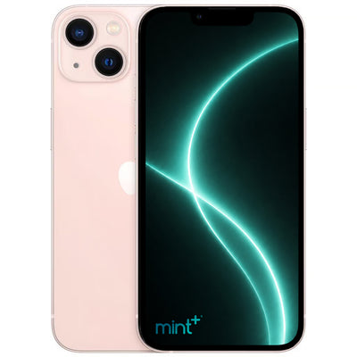 Photo of a pink iPhone 13 mini with mint+ wallpaper