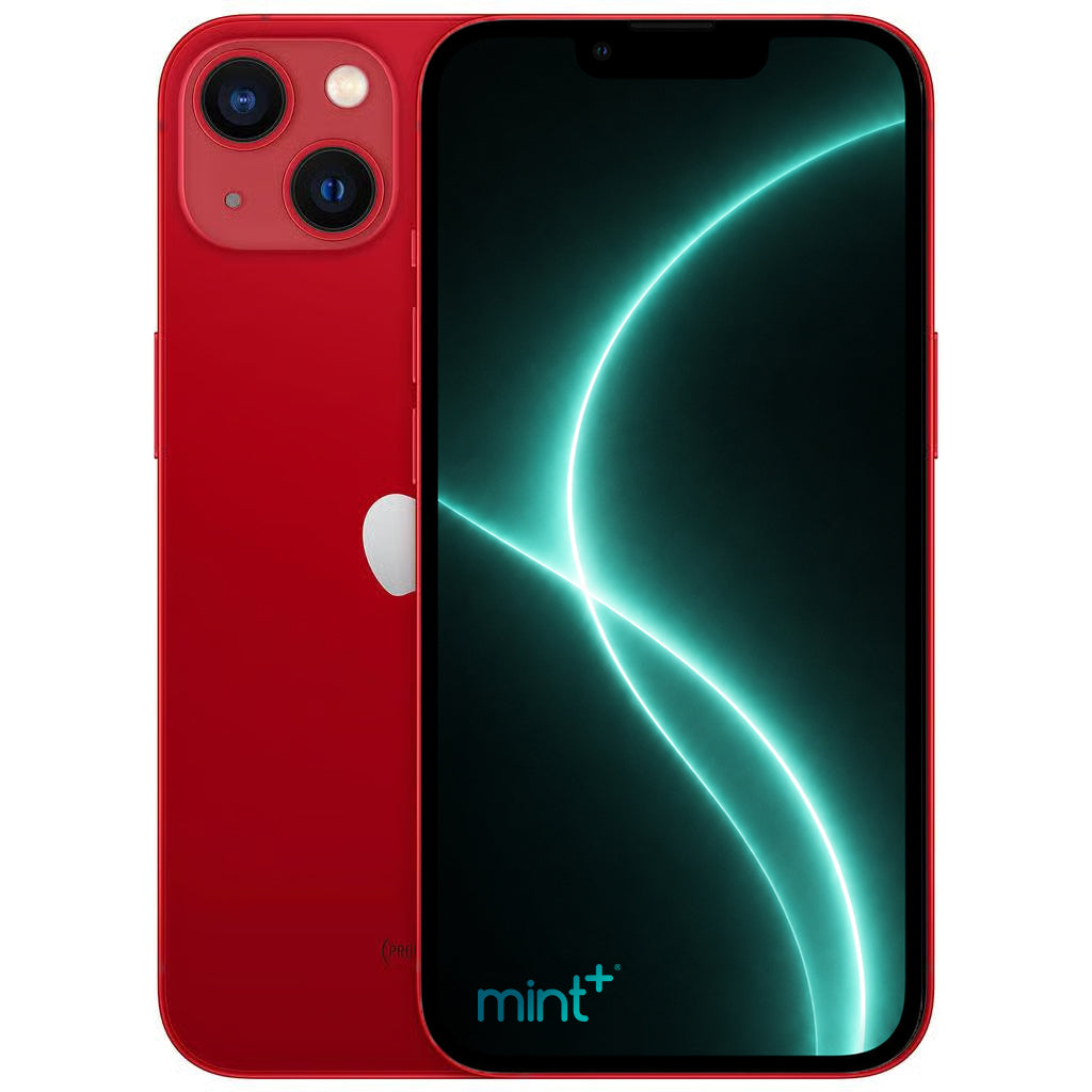Photo of a red iPhone 13 mini with mint+ wallpaper