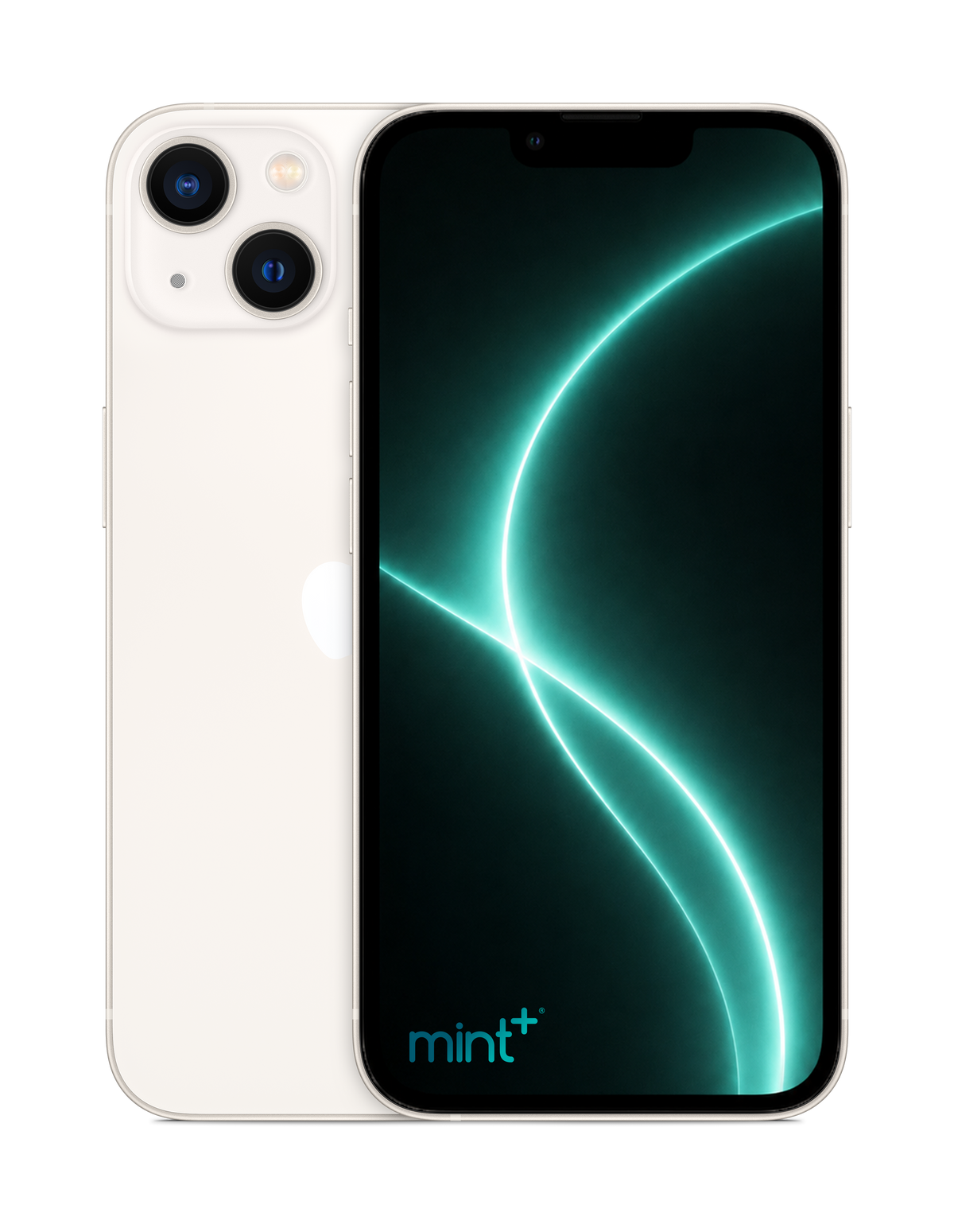 Photo of a white iPhone 13 mini with mint+ wallpaper