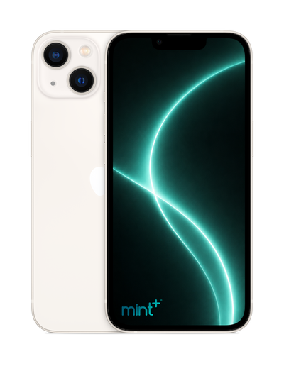 Photo of a white iPhone 13 mini with mint+ wallpaper