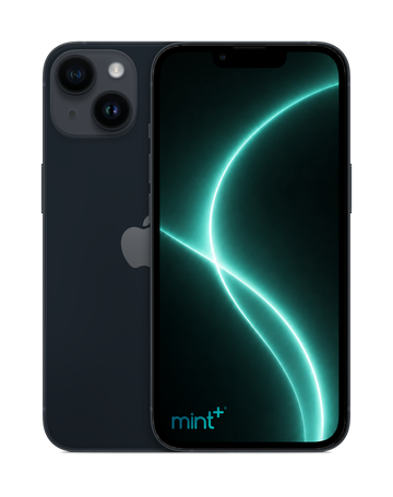 Photo of a black iPhone 14 with mint+ wallpaper